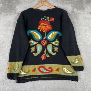 Vintage Mixit Sweater Womena Small Black Floral Paisley Knit Boho Cottage